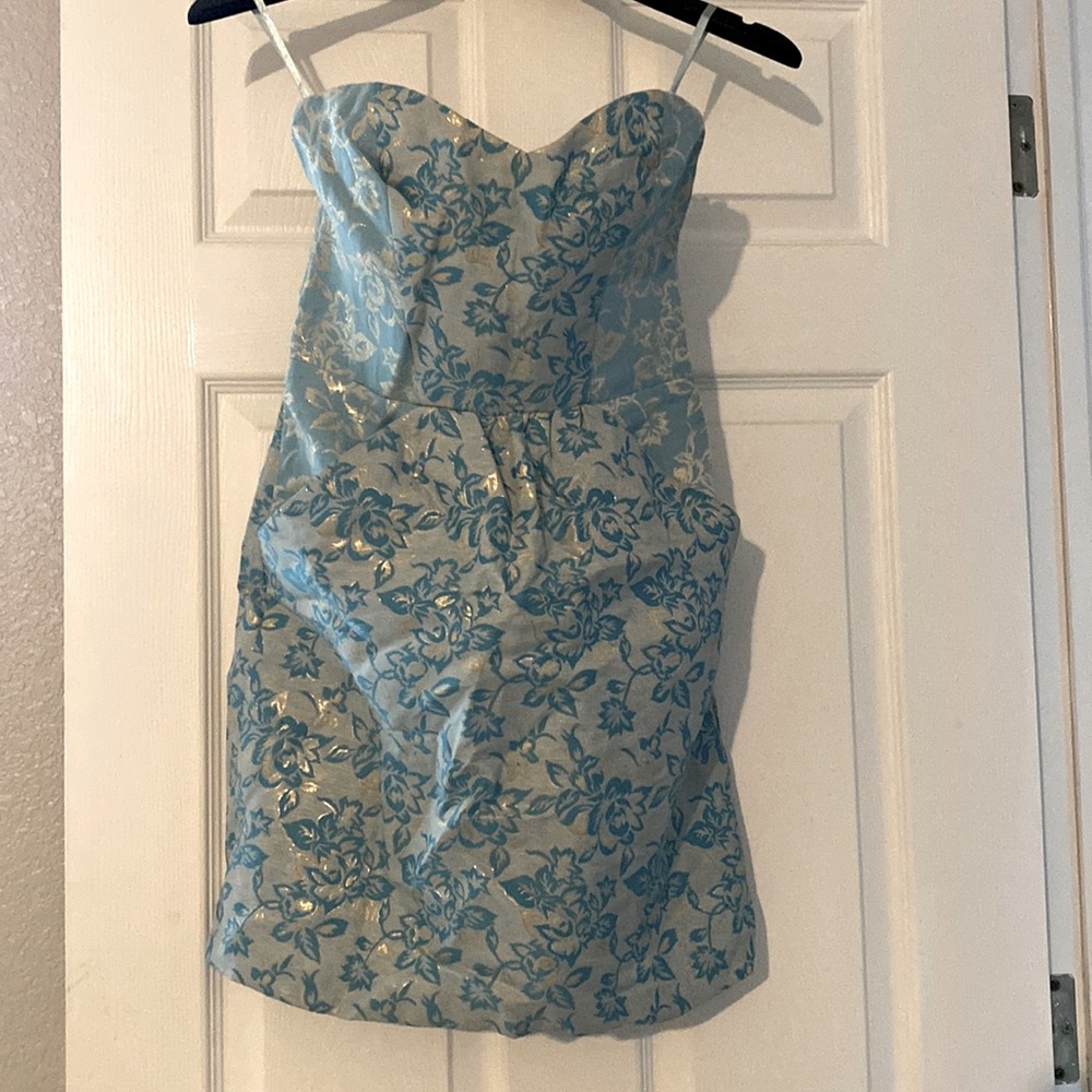 Blue and gold mini strapless dress